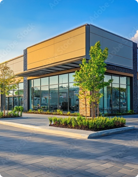 Modern commercial building with glass facade and landscaping